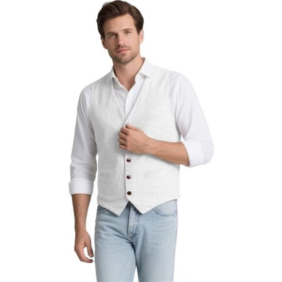 Men Linen Vest Casual Suit Vests Waistcoat White - Picture 2 of 6